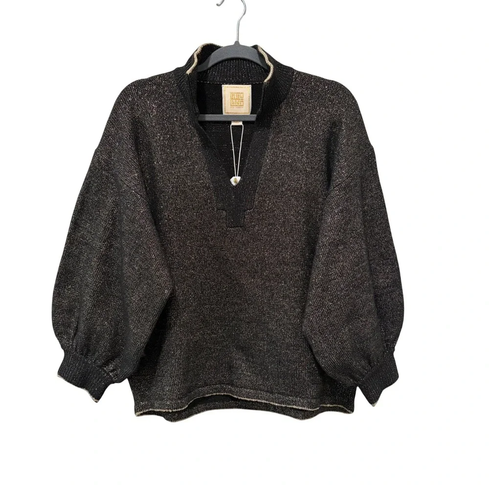 Emily McCarthy Lolli Sweater Women XL‎ Black Gold Metallic Split Neck Knit